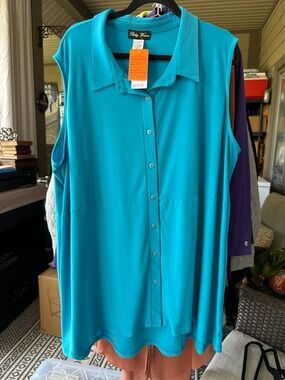 Lightweight Teal Sleeveless Button-Down Collared Tunic. No-wrinkle 3X. P2P 29”